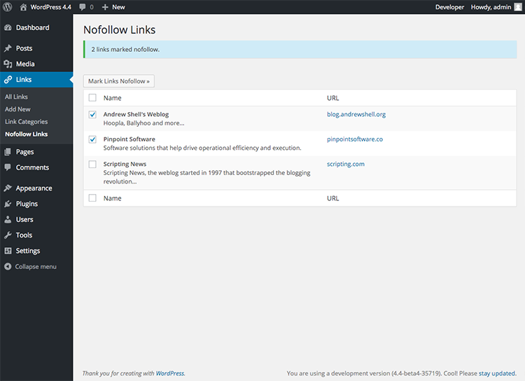Screenshot of the Nofollow Links UI